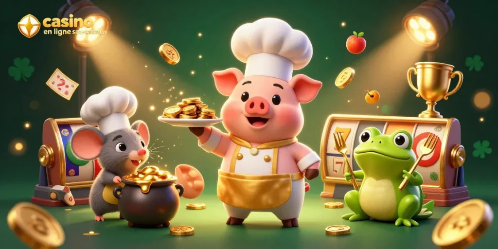 Profitez d'une expérience immersive de casino en ligne sans vérification avec des personnages colorés et des éléments de jeu.