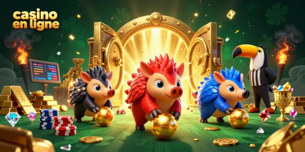 Des pangolins rivaux jouent au casino en ligne avec des jetons de poker et des bijoux étincelants.