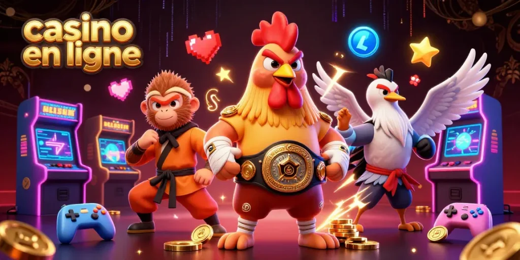 Plongez dans l'univers du casino en ligne avec des personnages emblématiques entourés de jeux dynamiques.