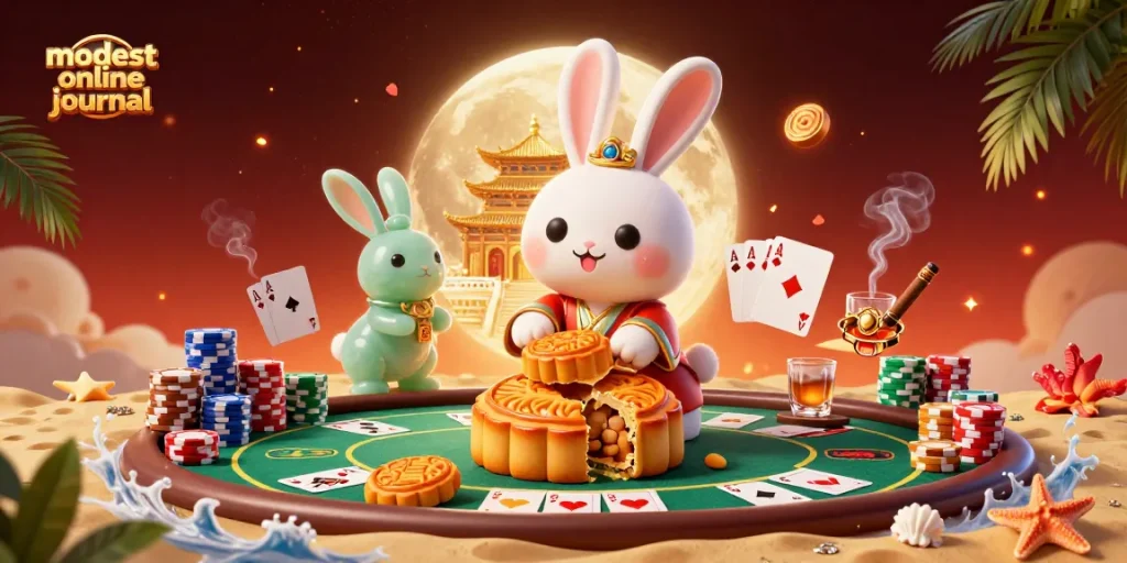 Experience thrilling gameplay in the modest online journal, featuring a 3D moon rabbit surrounded by casino elements.
