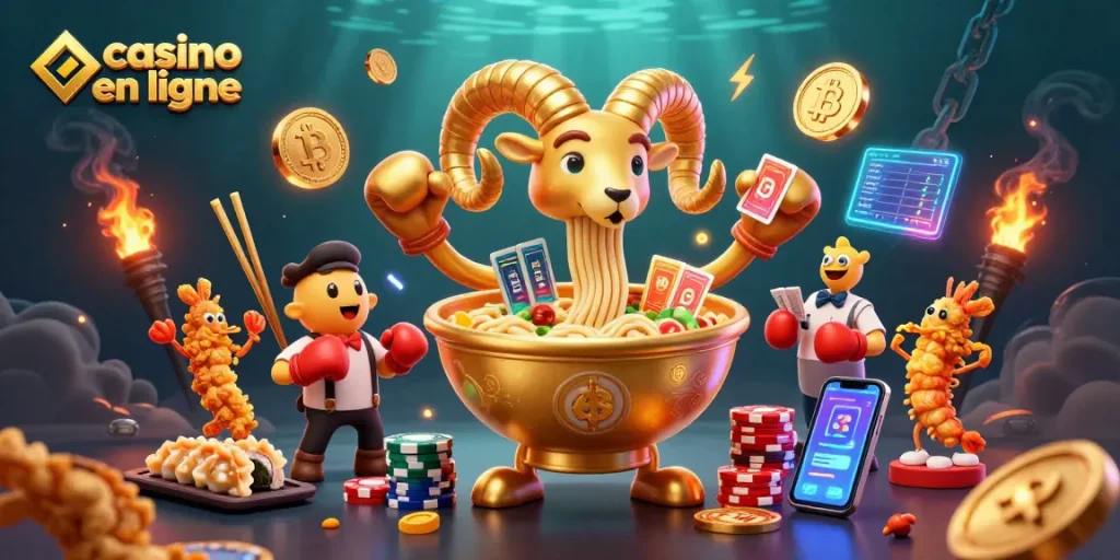 Illustration colorée d'un casino en ligne avec un bol de ramen géant et des personnages de jeu.