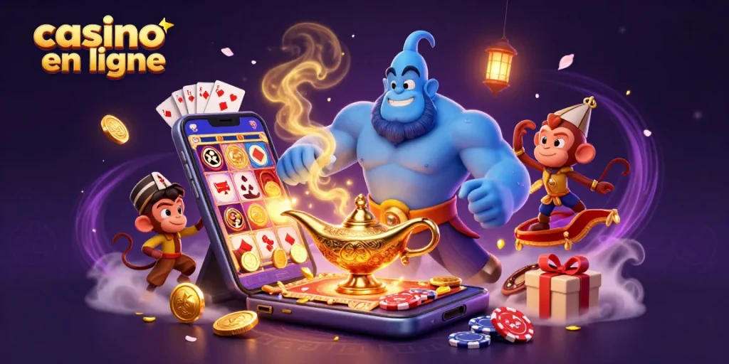 Découvrez le casino en ligne avec un génie majestueux, des jetons de poker et des jeux colorés.