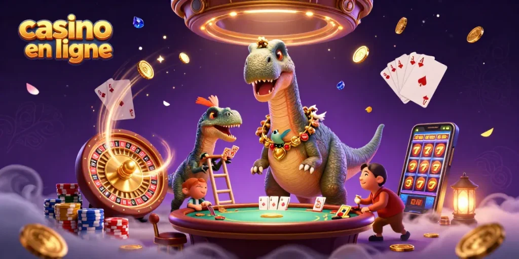 Illustration dynamique et colorée d'un brontosaurus dans un casino en ligne, illustrant l'excitation du jeu.