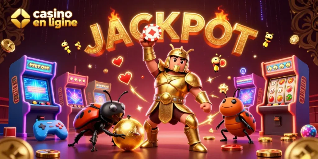 Illustration de casino en ligne avec un scarabée en armure victorieux et des machines à sous colorées.