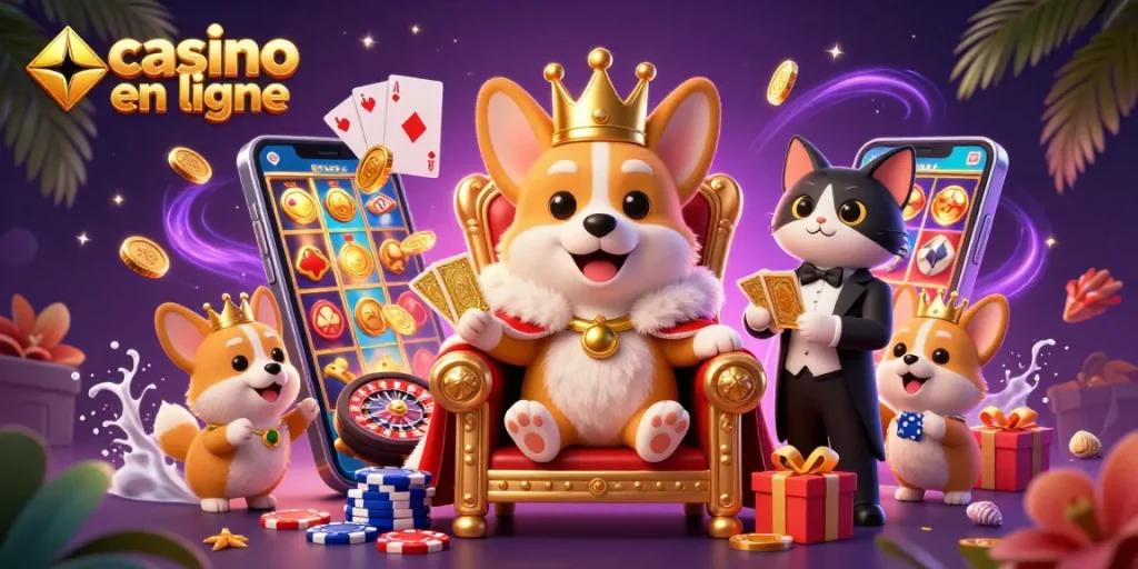 Profitez de l'excitation du casino en ligne avec un corgi royal et un chat majordome dans une scène animée.