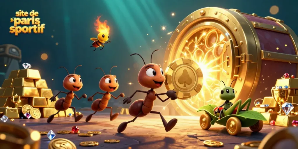 Découvrez le site de paris sportif avec une équipe de fourmis en pleine action pour gagner un jackpot en or.