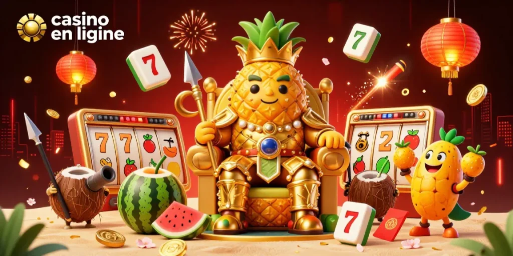 Jouer au casino en ligne dans une scène de fête animée avec un roi ananas et des éléments de jeu.