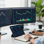 AiCoin用户在现代办公室分析实时K线数据，专注于市场机会。