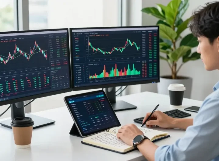 AiCoin用户在现代办公室分析实时K线数据，专注于市场机会。