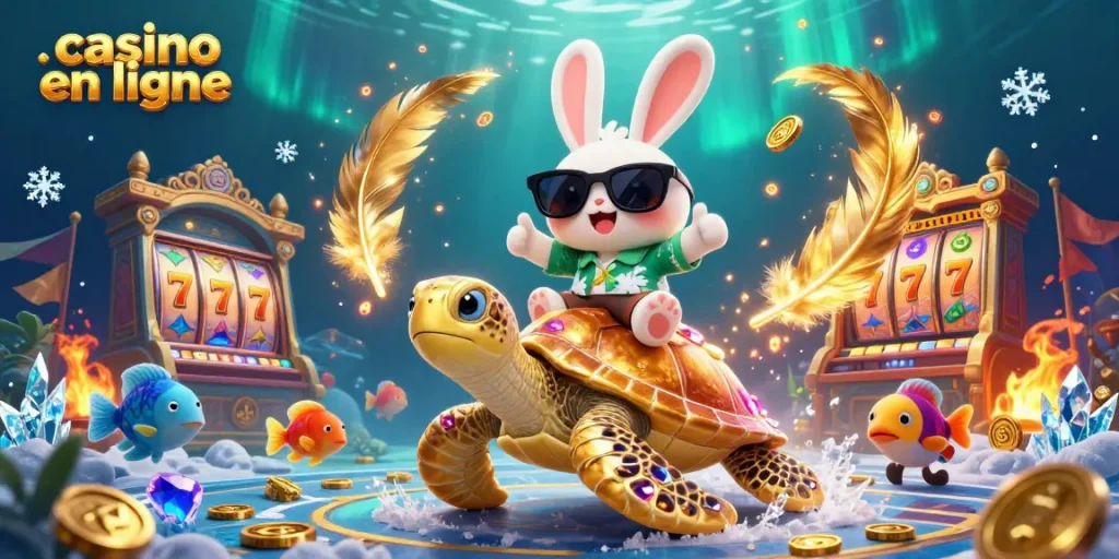 Plongez dans l'univers du casino en ligne avec un heureux lapin chanceux et une tortue géante scintillante.