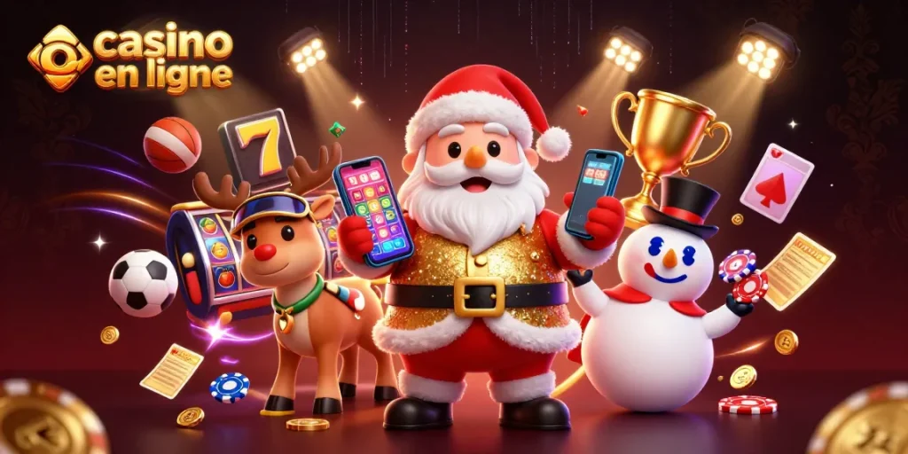Découvrez un casino en ligne animé avec Santa, un renne et un bonhomme de neige jouant aux machines à sous.
