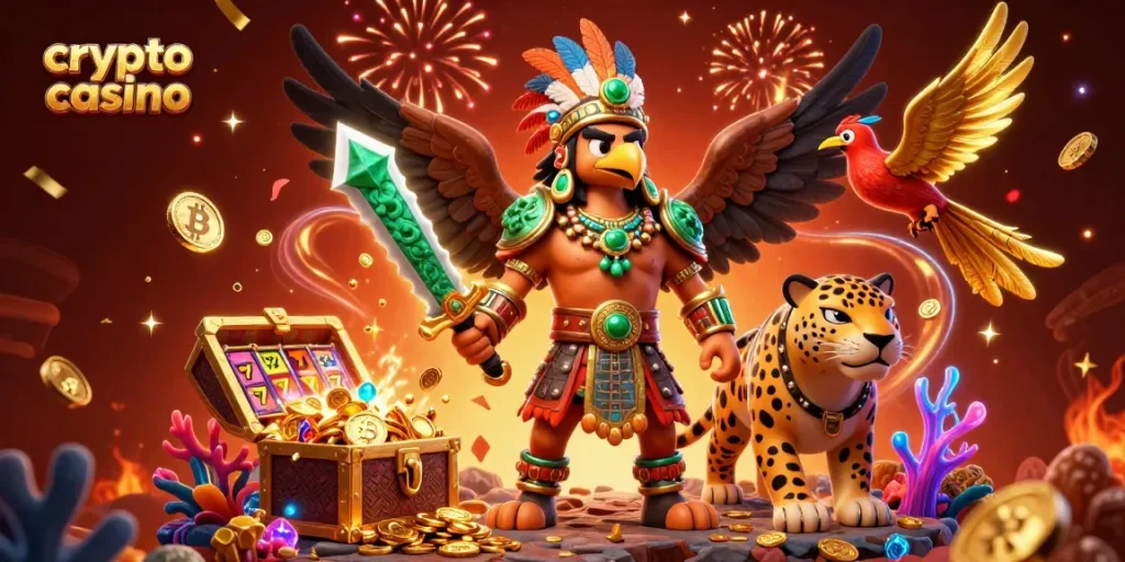 Casino crypto : immersion dans un univers coloré de jeux avec guerriers Aztecs et éléments de casino amusants.