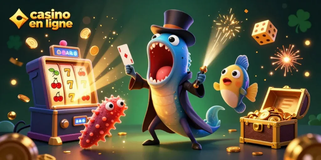 Vue dynamique du casino en ligne avec des éléments de jeu et un poisson-lanterne illuminant l'action.