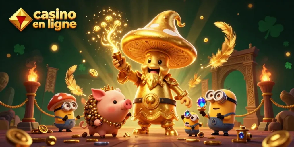 Des personnages de casino en ligne, incluant un sorcier et un cochon-truffier, cherchent des trésors dorés.