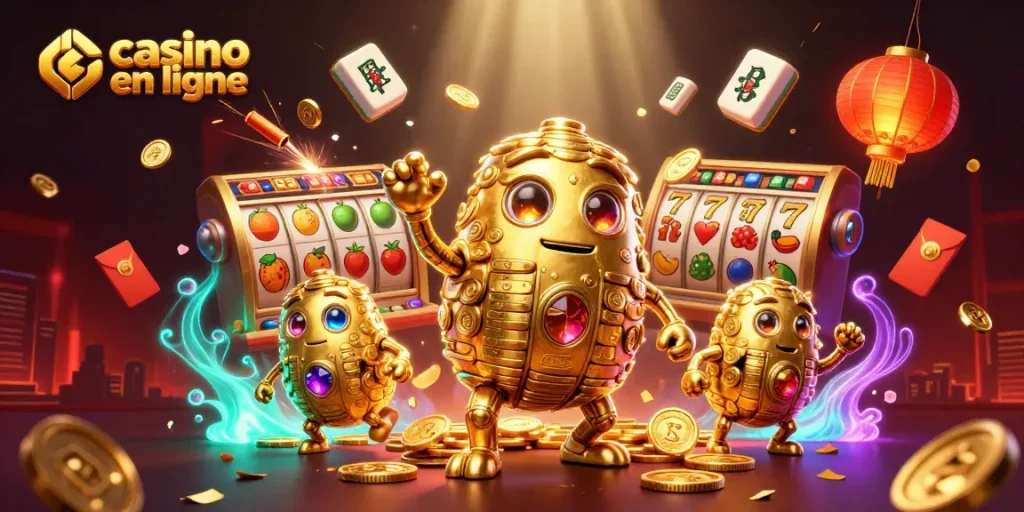 Jouez au casino en ligne avec un golem en or entouré de symboles riches et de lanternes lumineuses.
