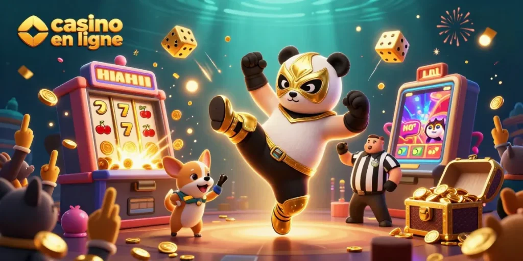 Un panda professionnel en lucha libre et un chihuahua juge au casino en ligne, ambiance festive.
