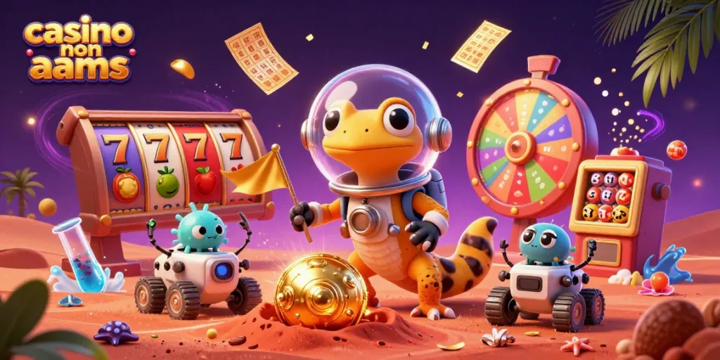 Il gecko marziano esplora un casinò non AAMS dorato con slot luminose mentre ci sono festeggiamenti.