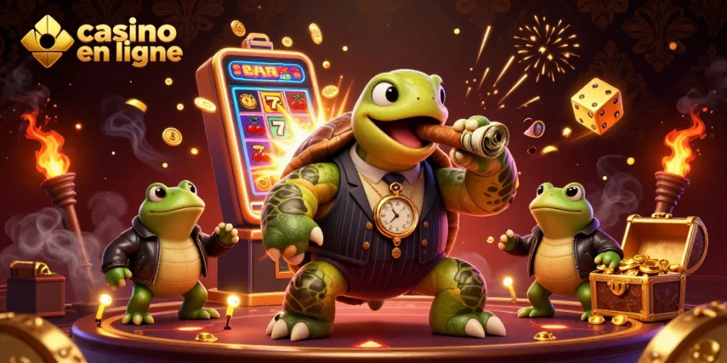 Découvrez un casino en ligne avec une scène riche en couleurs, mettant en avant une tortue en costume et des grenouilles.