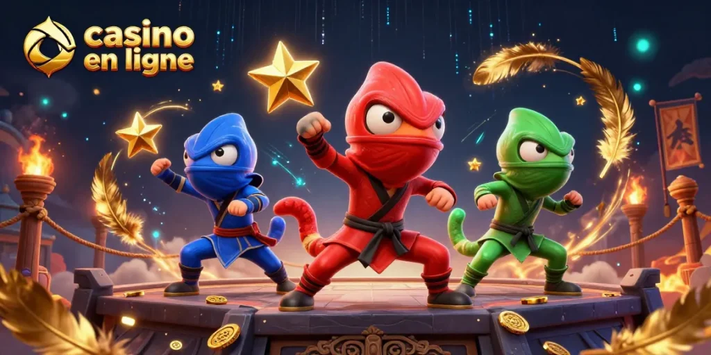 Des personnages de chameaux ninja en ligne effectuent des poses de combat sur un casino en ligne.