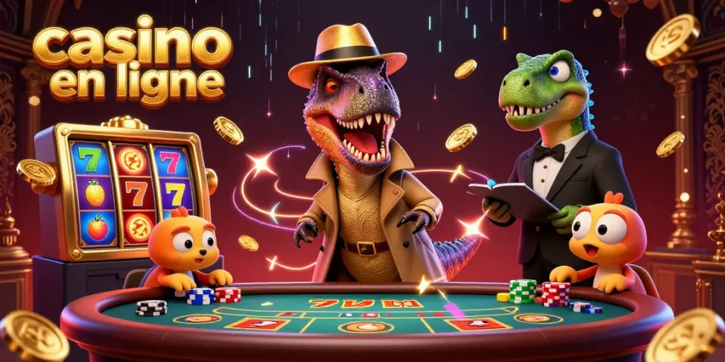 Jouez au casino en ligne avec un velociraptor comptant les cartes à une table de blackjack.