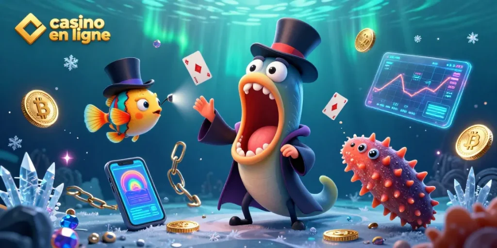 Trucs de cartes par un eût bioluminescent dans un casino en ligne rempli de pièces de cryptomonnaie