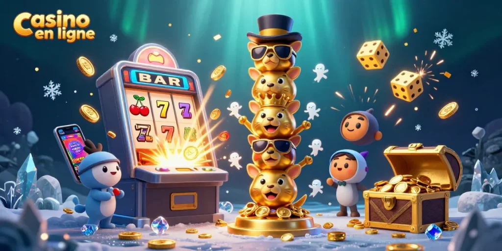 Casino en ligne : Illustration captivante d'un totem de jeux avec machines à sous et éclats de pièces.