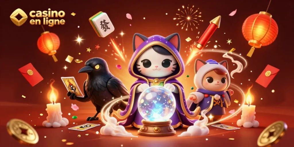 Illustrez l'univers des jeux avec casino en ligne, un chat mystique et des objets de jeu en 3D.