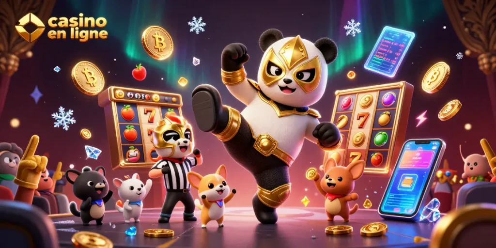 Illustration dynamique représentant un panda en lutte, jouant à casino en ligne avec des spectateurs animés.