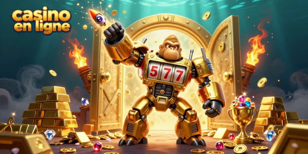 Visualisez un gorille mech en or dans un casino en ligne, avec coffre-fort débordant de richesses.