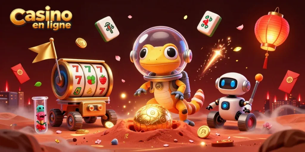 Casino en ligne : illustration d'un gecko martien découvrant un casino d'or dans le sable rouge.