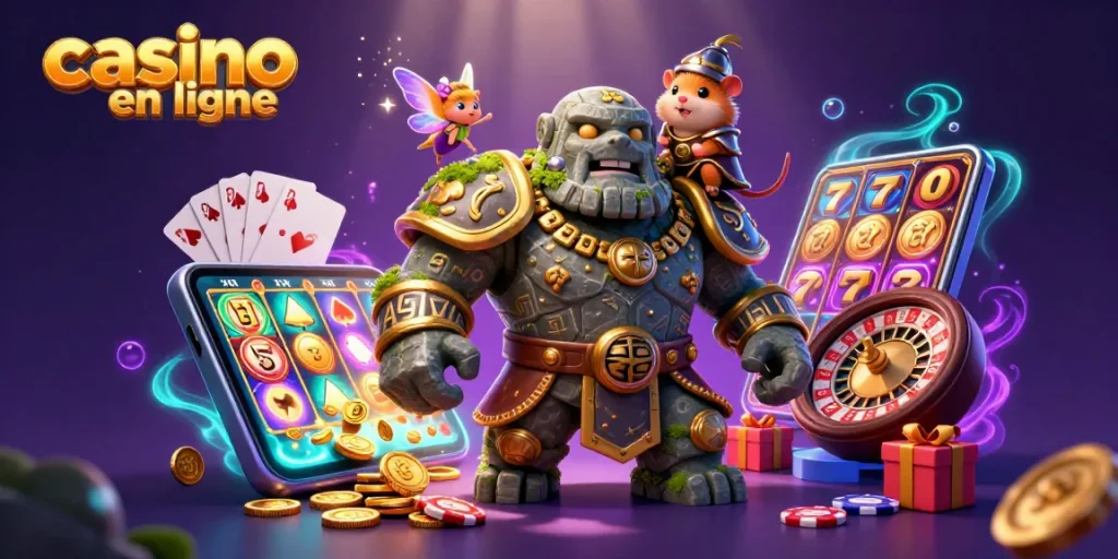 Jouer à un casino en ligne avec un golem ancien, une fée et un hamster chevalier dans un monde magique.