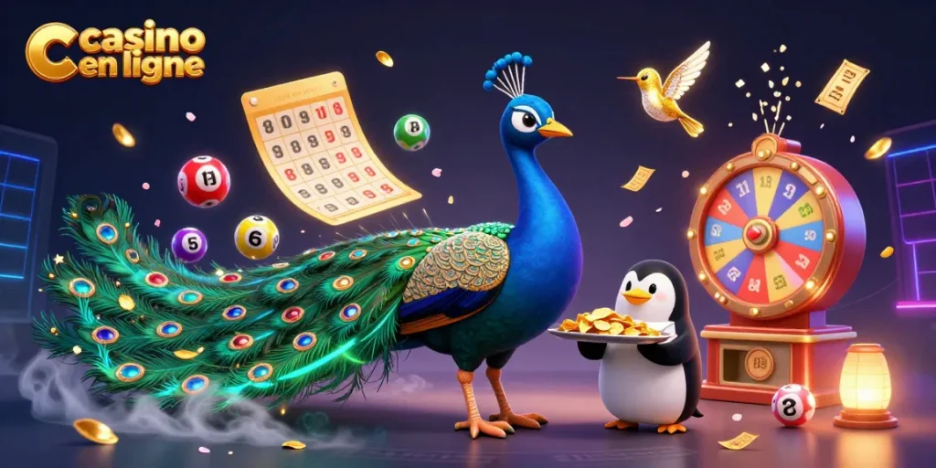 Revivez l'excitation du casino en ligne avec un paon majestueux et des éléments de loterie pétillants.