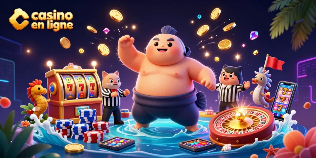 Comprendre les jeux sur casino en ligne grâce à une illustration dynamique de la fugu et des éléments de jeu.