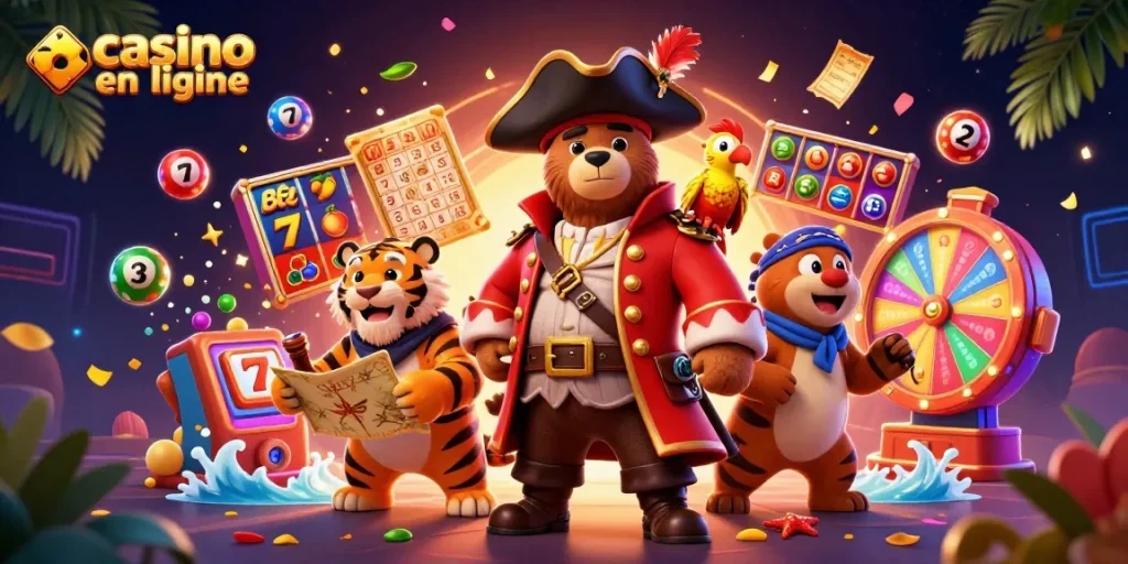 Vivez l'excitation du casino en ligne avec une scène riche en jeux et personnages animés.