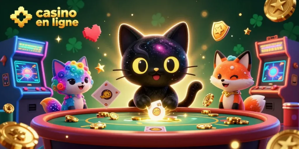 Jouez en ligne dans un monde fantastique de casino en ligne avec un chat trou noir et un renard nébuleux.