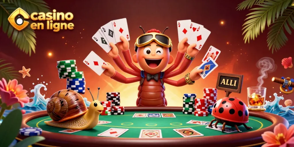 Plongez dans l'univers des casinos en ligne avec cette illustration vibrante, mettant en avant un dealer millipède cartoon.