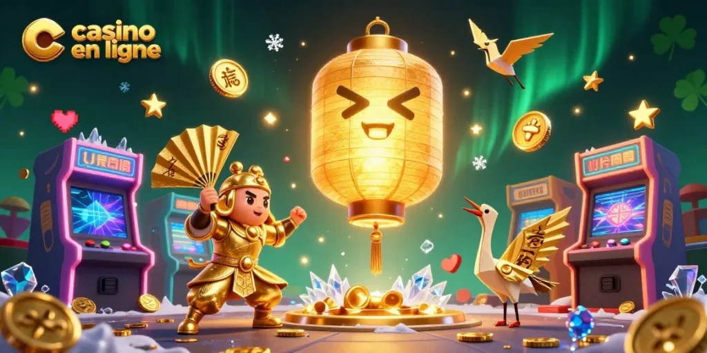 Découvrez le spectaculaire monde du casino en ligne avec une illustration 3D immersive de lumières et de jeux.