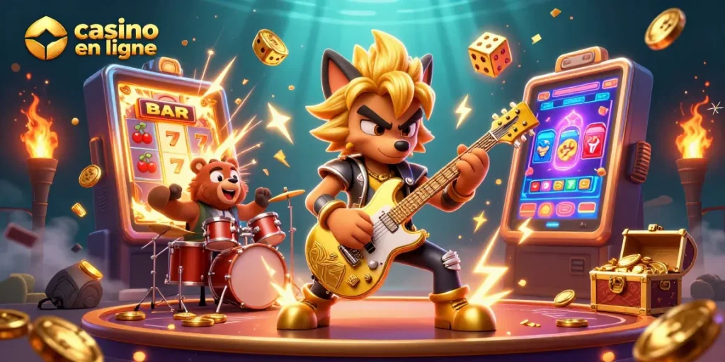 Jouez à des jeux de casino en ligne avec un loup rockstar et un ours batteur, entourés de machines à sous et d'éléments de casino.