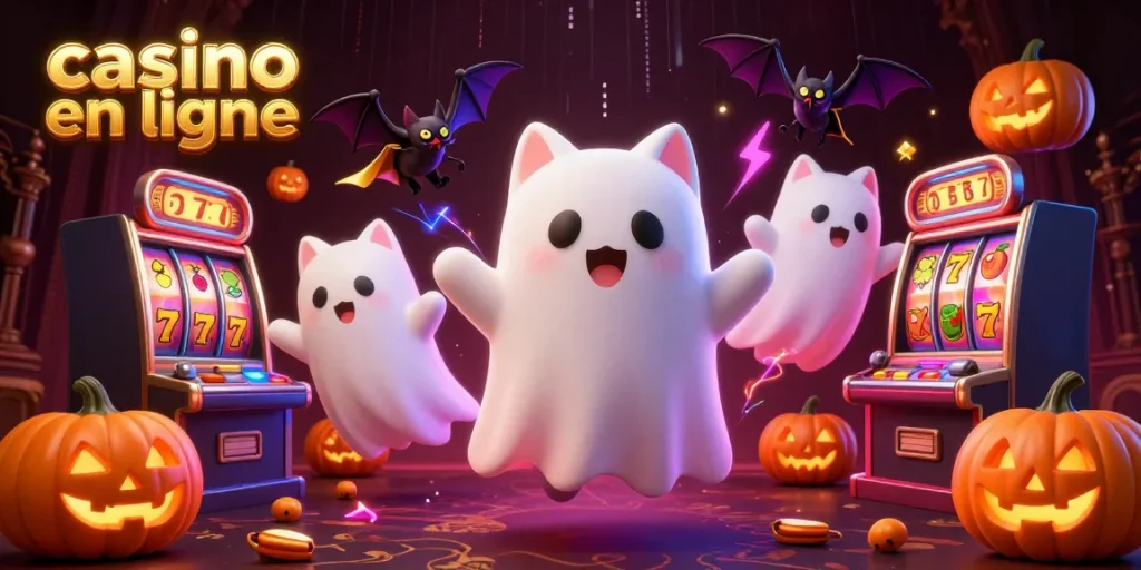 Plongez dans l'univers du casino en ligne avec un chat fantôme et des jack-o-lanterns illuminés.