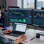 Trader analyzing live currency charts on MetaTrader 4 in a modern office.