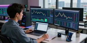 Trader analyzing live currency charts on MetaTrader 4 in a modern office.