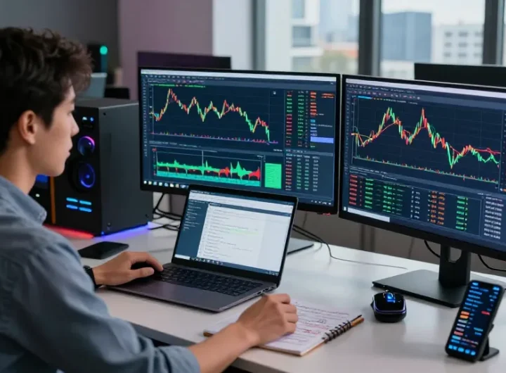 Trader analyzing live currency charts on MetaTrader 4 in a modern office.