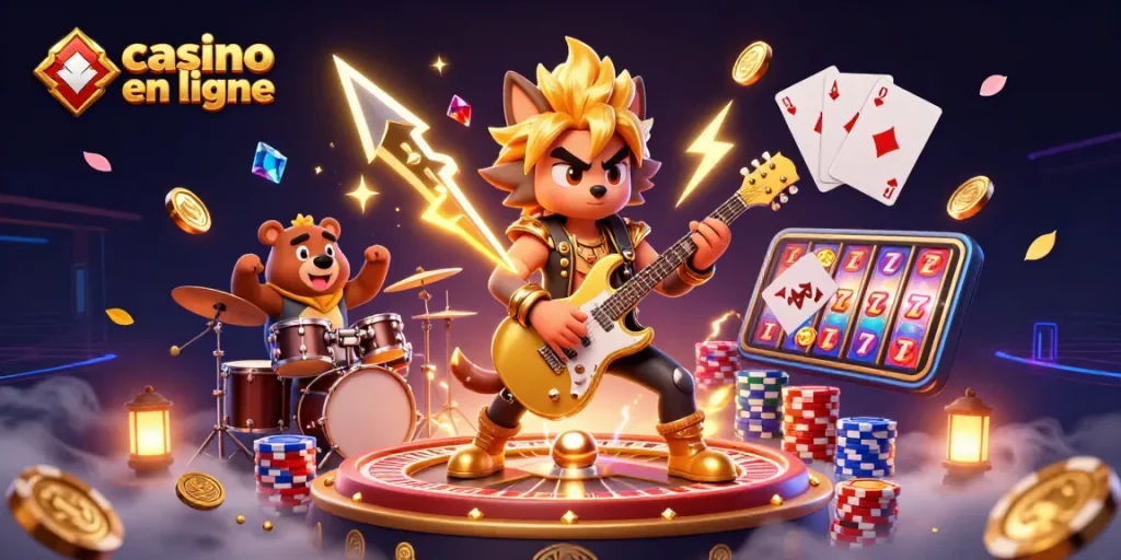 Jouer sur un casino en ligne avec un loup musicien, des pièces d'or et des jeux.