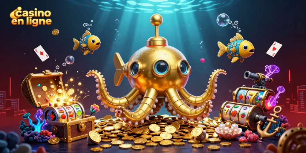 Une illustration 3D captivante mettant en scène "casino en ligne" avec un kraken doré sur une mer de pièces d'or.