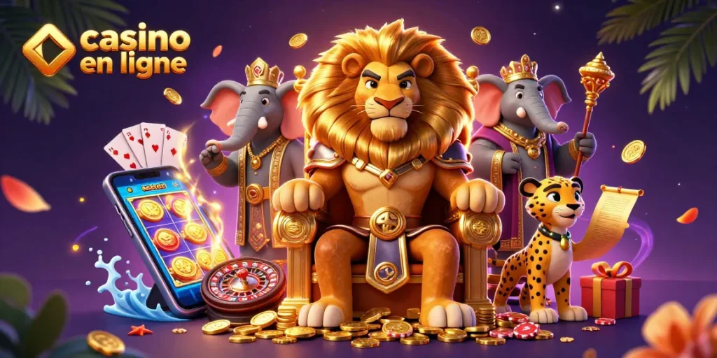 Jouez avec les machines à sous dans le meilleur casino en ligne illustré par un lion majestueux sur un trône d'or.