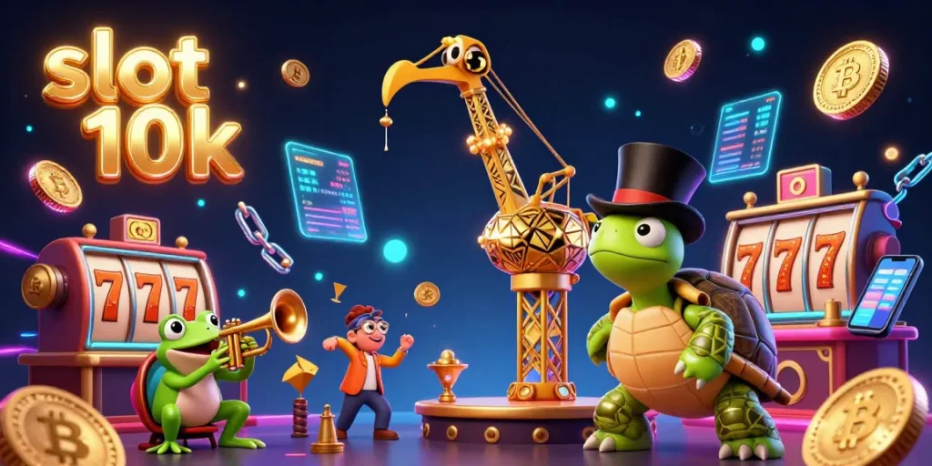 Engage with exciting slot 10k gaming featuring colorful characters, vibrant slots, and neon effects in a lively digital casino.