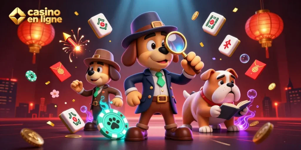 Explore les indices du casino en ligne avec un détective cartoon et ses accessoires colorés.