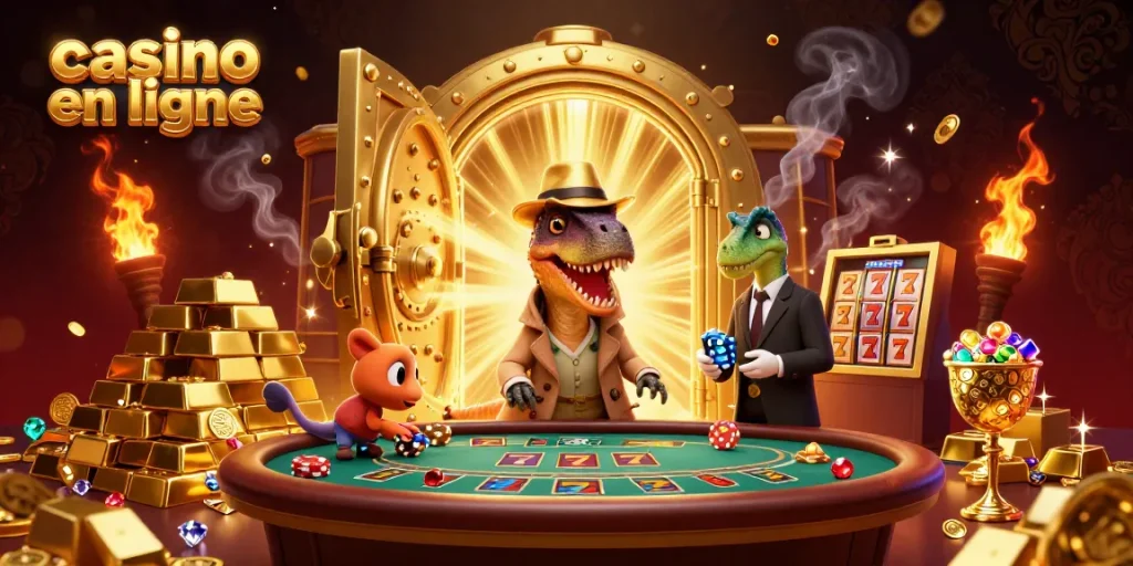 Le casino en ligne propose des jeux palpitants, avec un raptor jouant au blackjack surveillé par un pit boss.