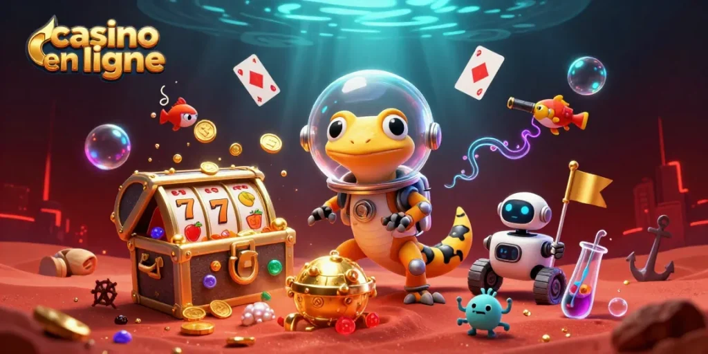 Vivez l'expérience des jeux au casino en ligne avec un gecko martien et un robot dans un décor de boues rouges.