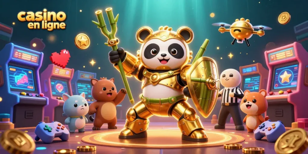 Illustration dynamique d'un panda en mech dans un tournoi de casino en ligne, avec des éléments de jeu colorés.